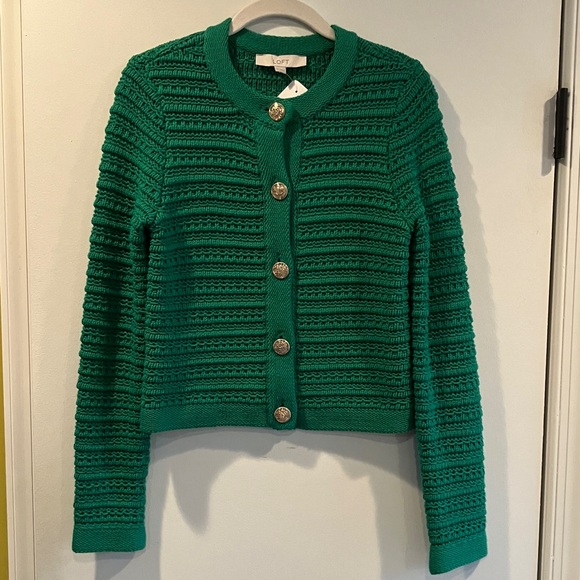 LOFT Textured Green Cardigan Jacket with Gold Buttons - Picture 3 of 8